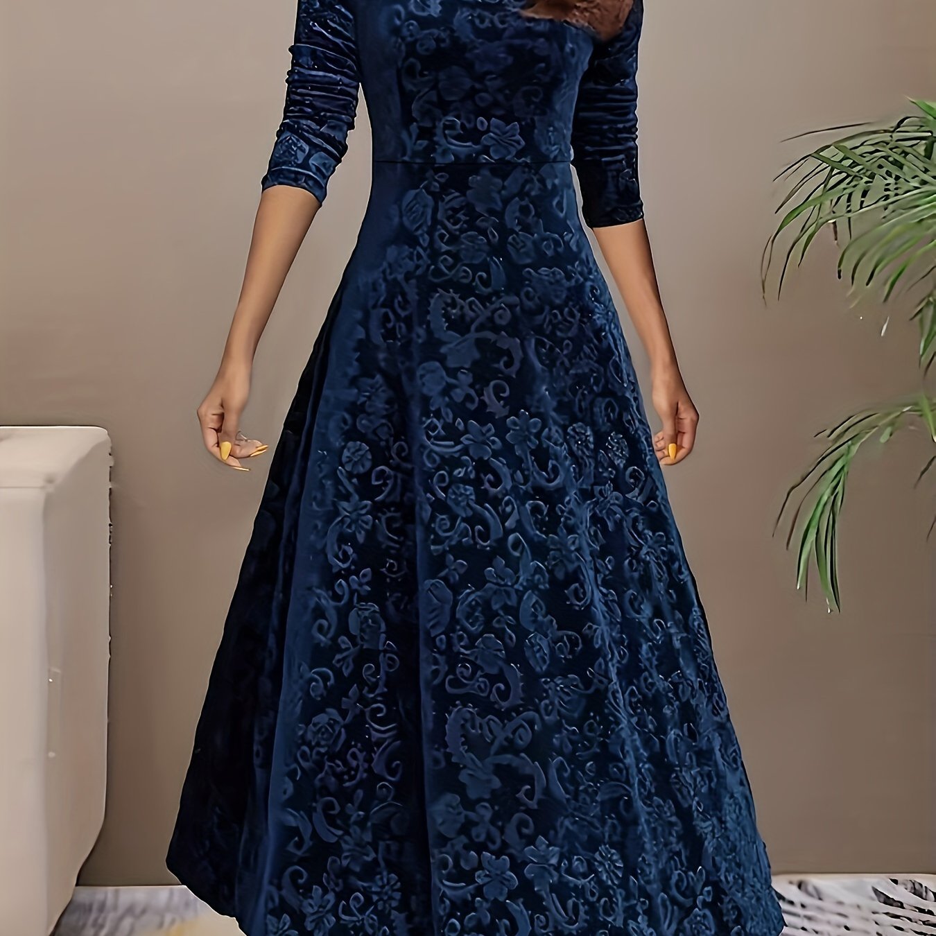 Directional Style Velvet Floral Pattern Long Sleeve Dress New Year Elegant Square Neck Dress