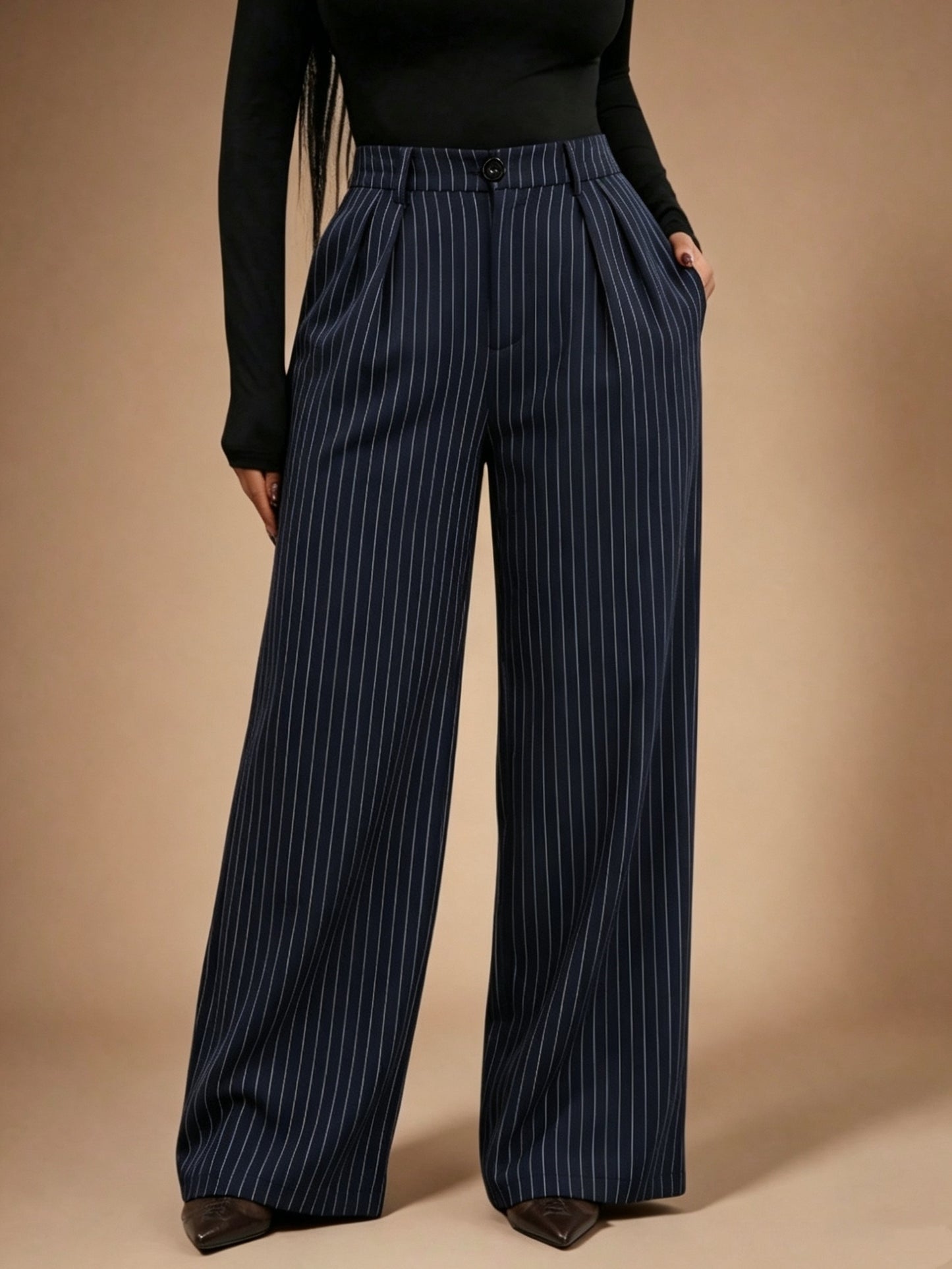 [Navy Blue | Striped] Navy Blue | Striped Suit Pants - Women's Minimalist Modern Suit with Pockets, Loose-Fit Trousers for Business, Office, Commuting & Formal Wear, Machine Washable Year-Round Professional Attire