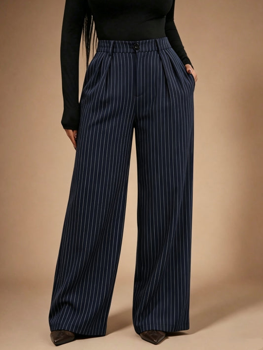 [Navy Blue | Striped] Navy Blue | Striped Suit Pants - Women's Minimalist Modern Suit with Pockets, Loose-Fit Trousers for Business, Office, Commuting & Formal Wear, Machine Washable Year-Round Professional Attire