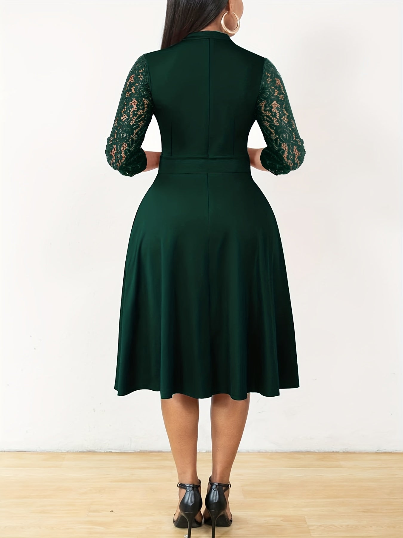 [Elegant V-Neck Lace] Elegant V-Neck Lace Sleeve Midi Dress | Autumn/Winter Women's Fashion, Three-Quarter Sleeve A-Line, Suitable for Formal Occasions, Cocktail Parties, and Gatherings