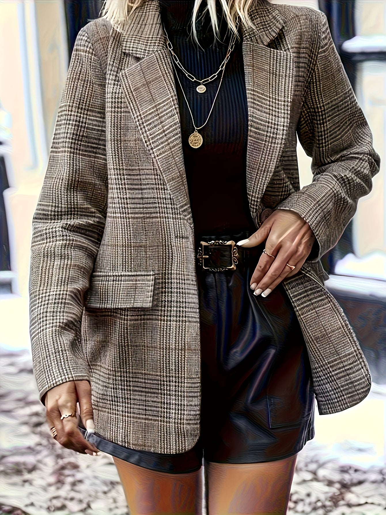 Women's Elegant Plaid Single-Button Design Blazer, Autumn-Winter Warm Commuter Office Casual Wear