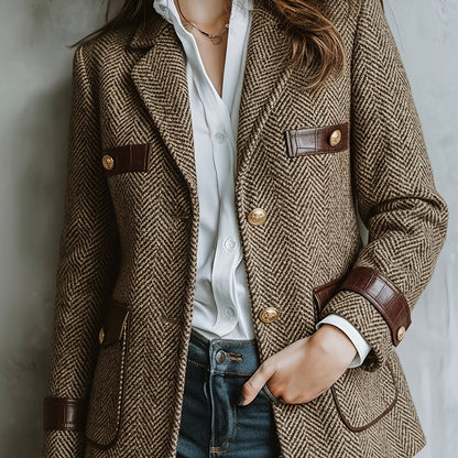 Retro Elegant Lapel Herringbone Commuting Fashion Patchwork Brown Women'S Blazer Jacket