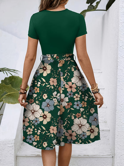 Elegant Key Monitoring Support European And American Round Neck Short-Sleeved with Belt Dress Number
