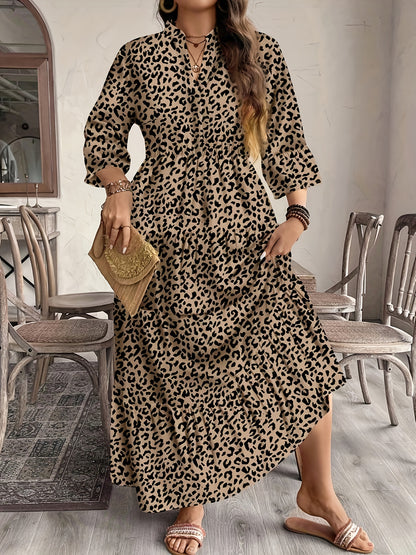 Plus Size Women's Floral Print Shirtdress, Ladies' Fall New 3/4 Sleeve Cake Dress, Fashionable Elegant Long Dress