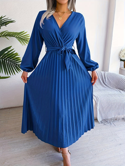 Style Autumn Winter Western Ins Hot Item Temperament V-Neck Flared Pleated Maxi Dress