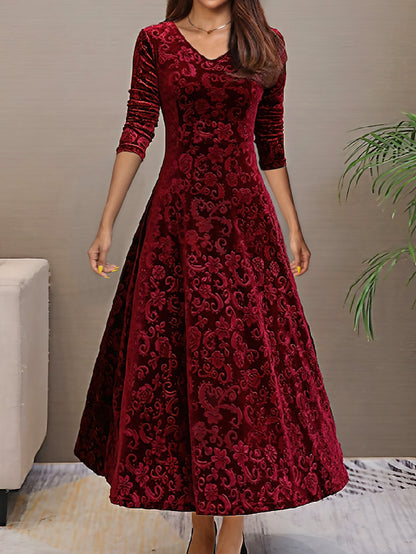 Directional - New And Thinning Large Swing Skirt Women'S Clothing Golden Velvet Long Sleeve Dress Long Style