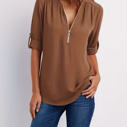 V-Neck Zipper Women'S Long-Sleeved Roll-Up Sleeve Loose Chiffon Shirt