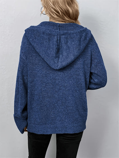 Women's Hooded Button Cardigan, Simple Solid Color Long Sleeve Top, Loose Cardigan