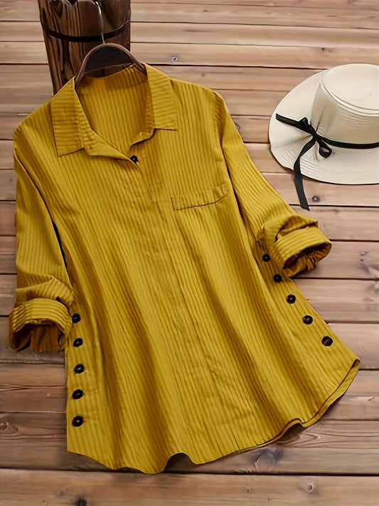 Spring/Autumn New Women's Solid Color Striped Button-Up Faux Pocket Striped Long Sleeve Long Shirt Top