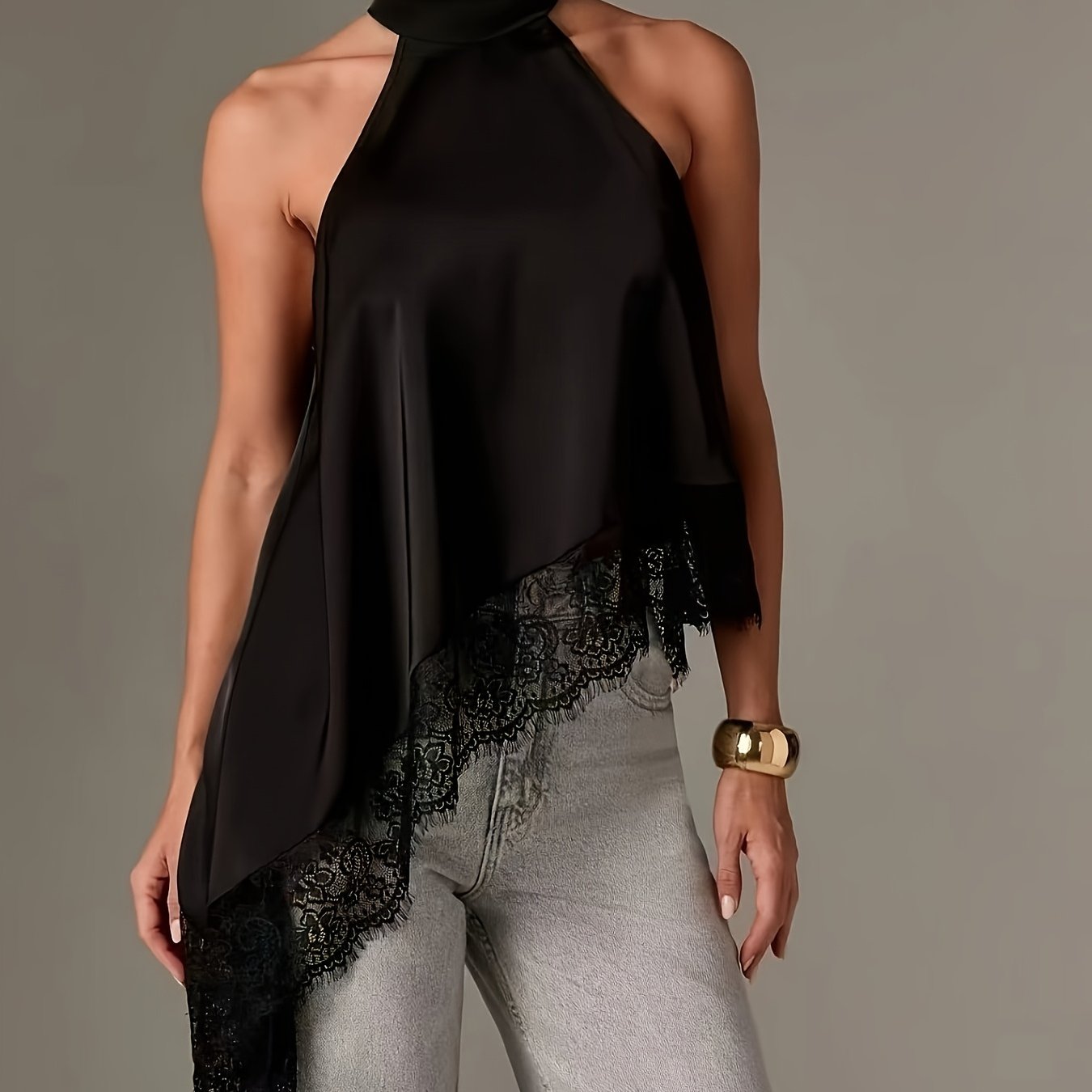 Halter Vest, Directional Style Elegant Temperament Top, Irregular Patchwork Lace Neckline