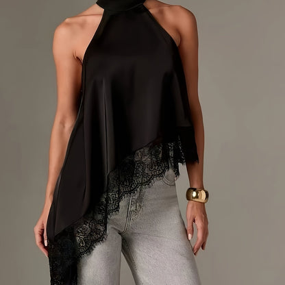 Halter Vest, Directional Style Elegant Temperament Top, Irregular Patchwork Lace Neckline