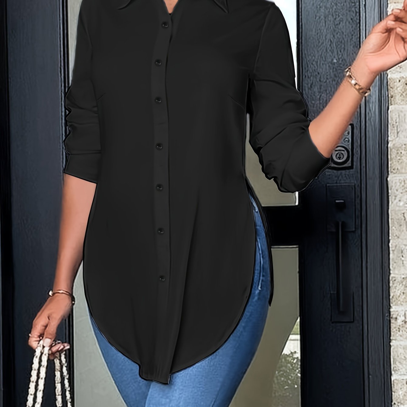Women'S Elegant Long Sleeve Button-Front Blouse - Non-See-Through Shirt with Side Slit, All-Season Office & Everyday Blouse for Women, Professional Casual Outfits - Easy-care Clothing, Ladies Blouses, Work Attire, Stylish Shirt, Fashion Lovers