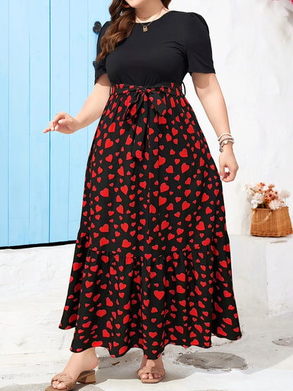 Plus Size, Plus Size Summer Dress with Round Neck, Puff Short Sleeves, Ruffled Hem, and Belted Print Design. Flowy Vacation Dress for Summer, Mid-length Fashionable Dress with Waist-cinching Effect