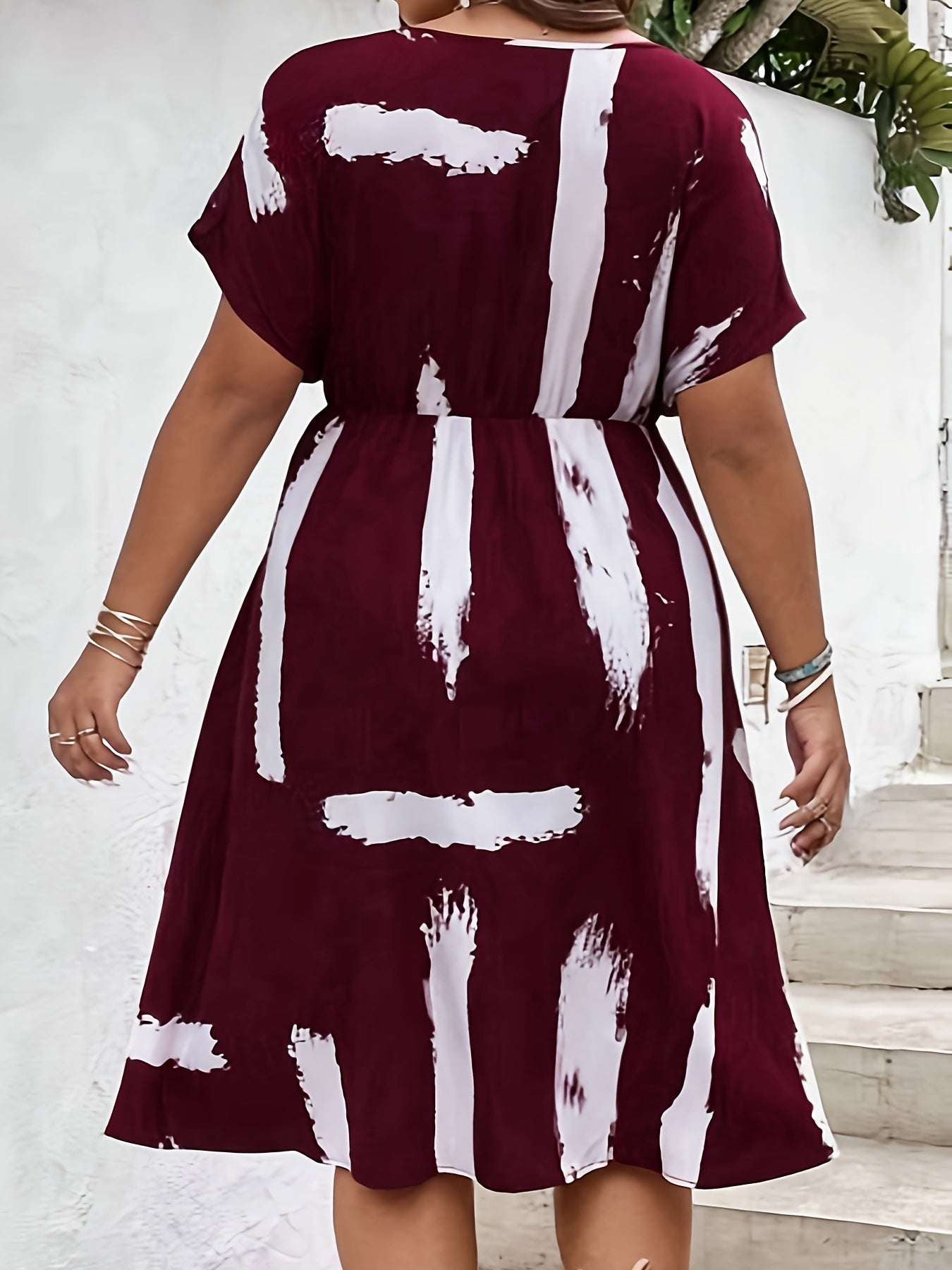 Plus Size, Plus Size Wine Red Lace-up X-cut Dress
