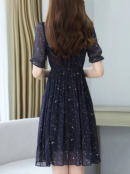 Q8103 Summer Printed Waist-Cinching Short-Sleeve Dress