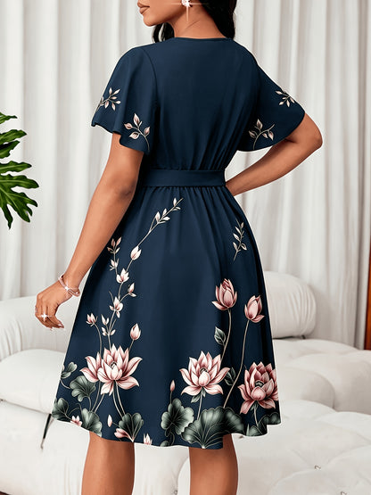 V-Neck Dress, Elegant Floral Print Short Sleeve, Waist-Cinching A-Line Midi Dress, Versatile Women's Wear for Commuting, Parties, and Daily Wear