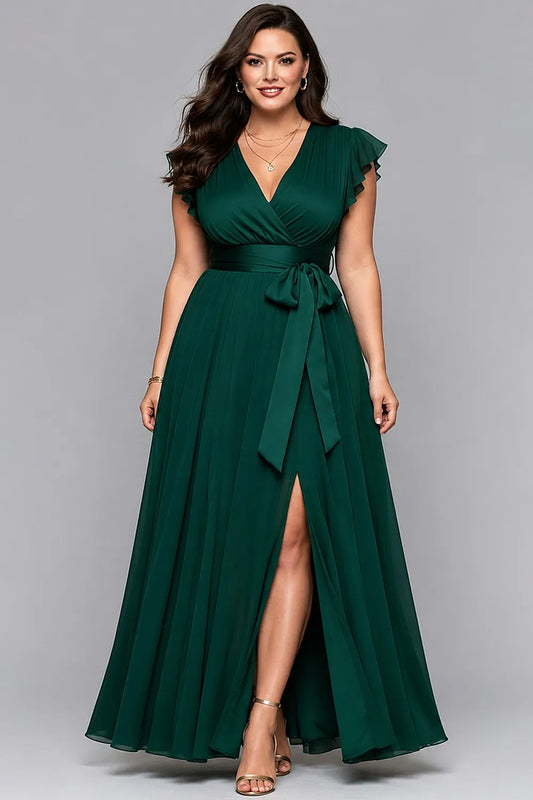 Elegant Dark Green Chiffon Maxi Dress for Women with V Neck Flutter Sleeve Wrap Waist Tie Formal Wedding Guest Style