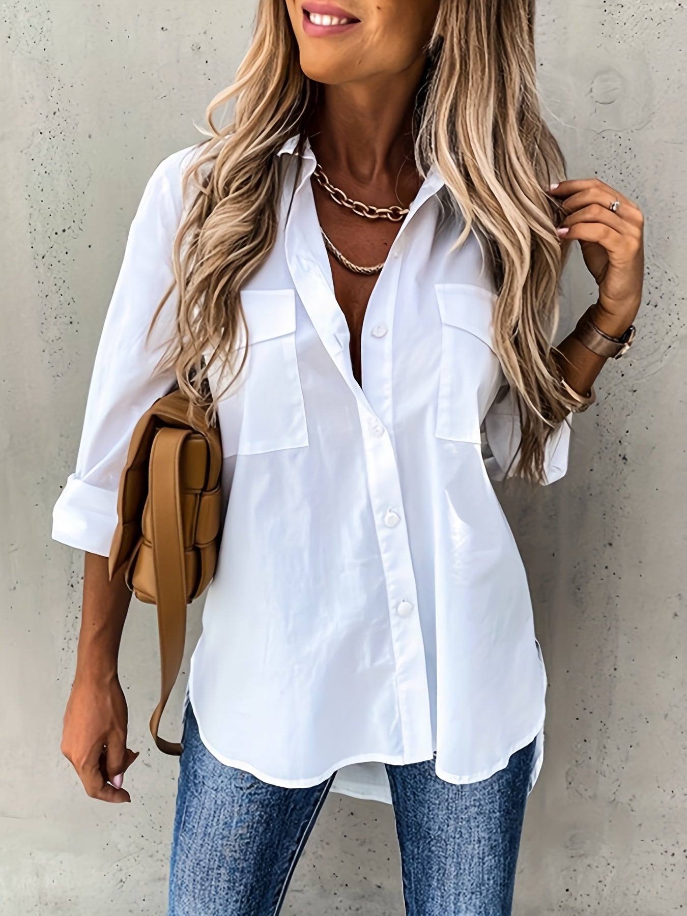 Button Front Long Sleeve Shirt, Casual Solid Office Shirt With Collar, Women's Clothing