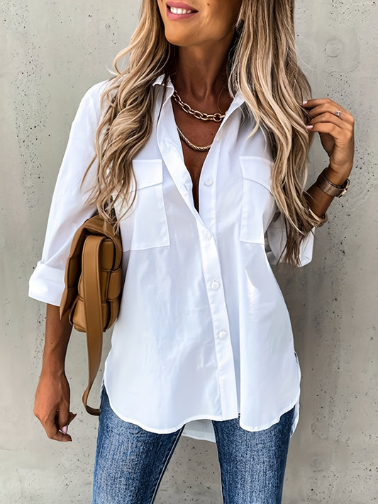 Button Front Long Sleeve Shirt, Casual Solid Office Shirt With Collar, Women's Clothing