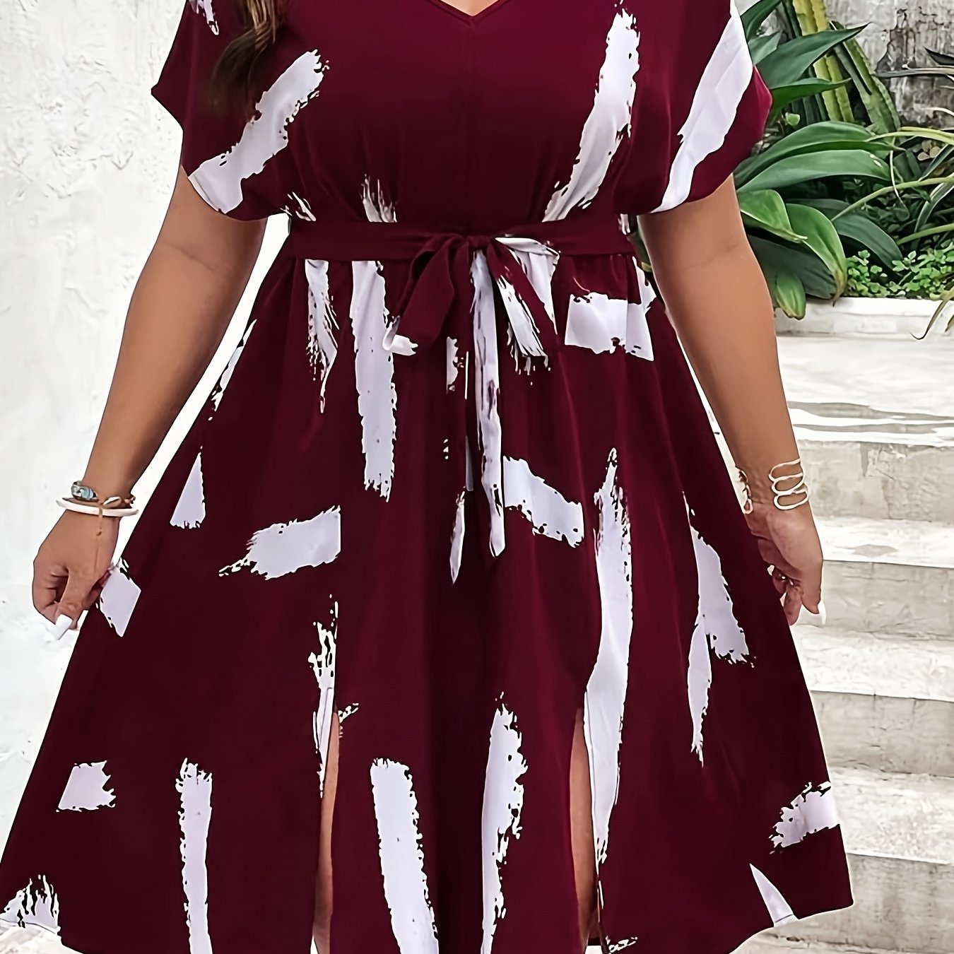 Plus Size, Plus Size Wine Red Lace-up X-cut Dress