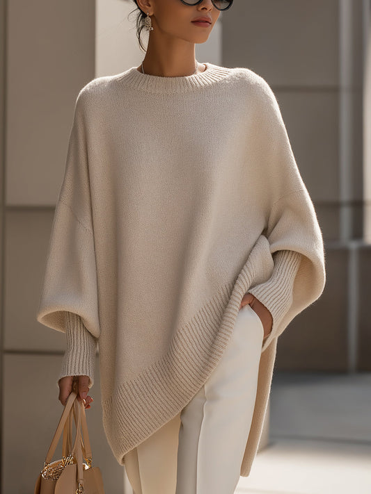 Comfortable Knit Sweater for Women with Crew Neck Batwing Sleeve Asymmetric Hem Oversized Knit Style