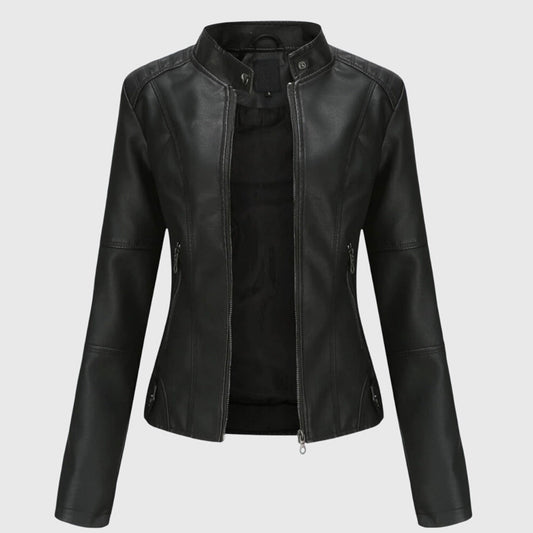 Elegant Faux Leather Moto Jacket for Women with Stand Collar Long Sleeve Zip Front Fitted Style
