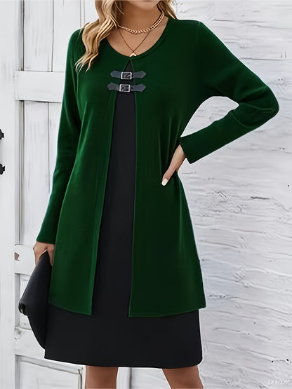Autumn/Winter New Round Neck 2-in-1 Look Spliced Color-Block Women's Fashion Elegant Dress