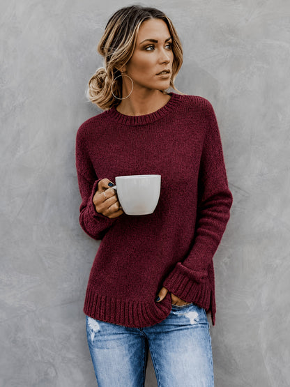 Women'S Casual Commuter Style Retro All-Match Short Front Long Back Slit Round Neck Long Sleeve Sweater Pullover