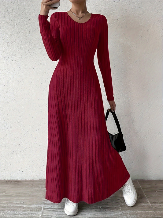 Women's Elegant V-Neck Long Sleeve A-Line Dress - Solid Color Machine Washable Fall Dress with Flattering Silhouette, Versatile for Casual & Formal Occasions, Long Sleeve Maxi Dress, Comfortable Fit
