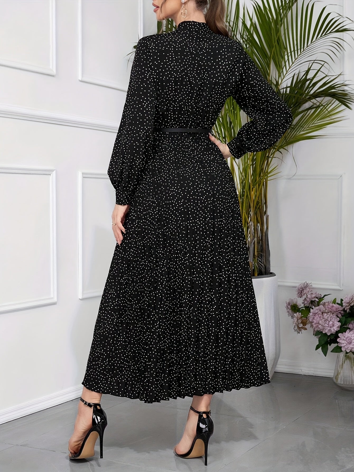 Pleated Allover Print Tie Neck Dress, Elegant Long Sleeve Dress For Spring & Fall, Women's Clothing