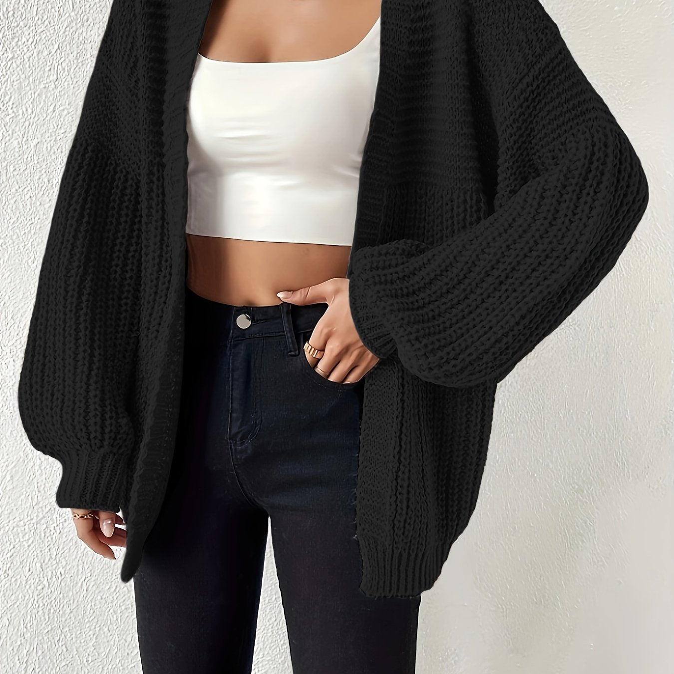Women's Elegant Oversized Black Cardigan - Soft Open Front Sleeve Machine Washable Cozy Fall Winter Sweater for Casual & Formal Outfits, Cute Sweater, Versatile Layering, Relaxed Fit, Durable Construction, Stylish Coverup, Weekend Outfit