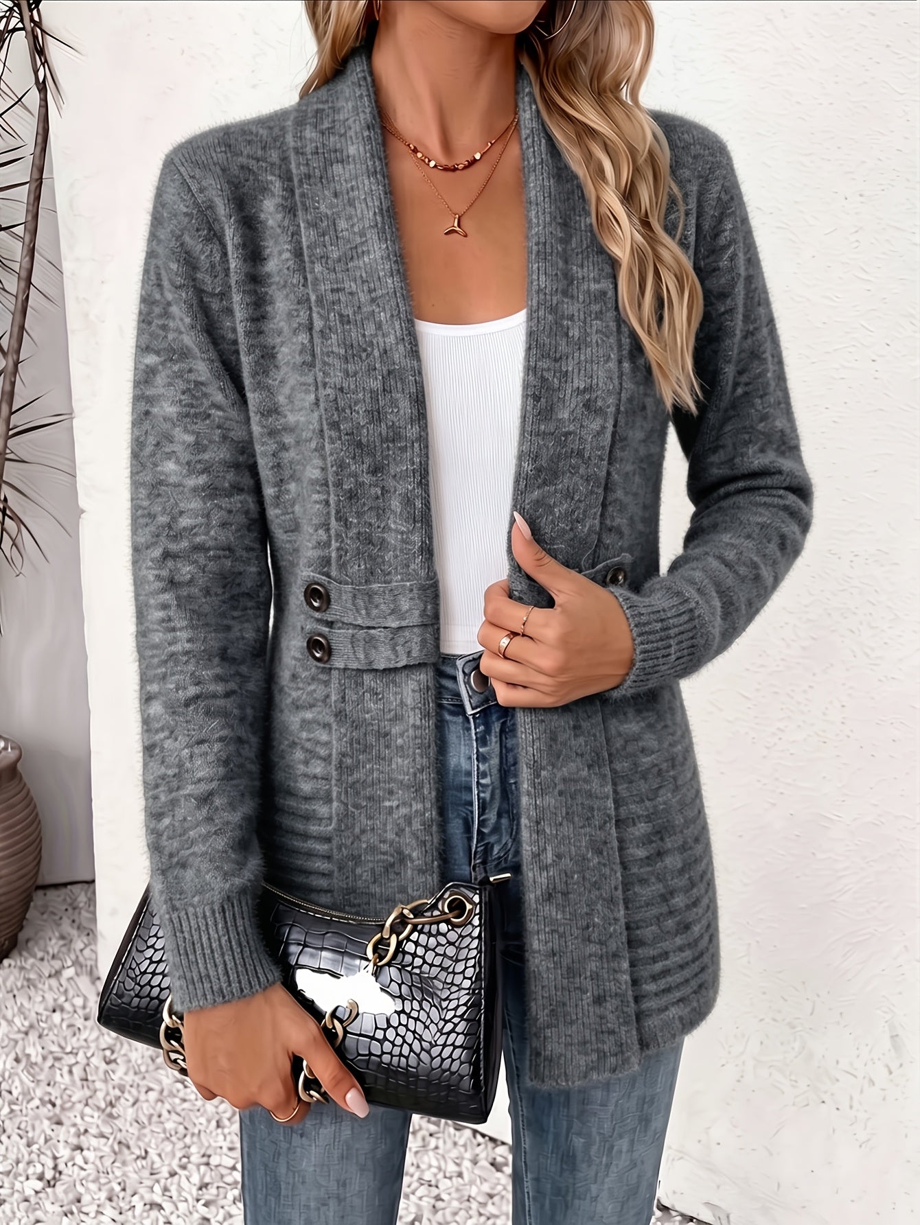 Women's Cardigan, Double-Breasted Decorative Belt Shawl and Cinched-Waist Design, Versatile Mid-Length Open-Front Sweater, Relaxed Style Elegant and Fashionable Loose Outerwear, Perfect for Daily Commutes or Casual, Spring/Autumn