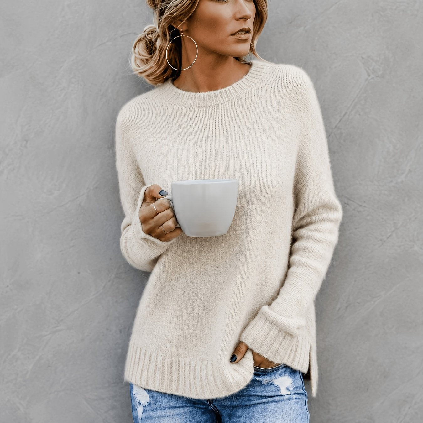 Women'S Casual Commuter Style Retro All-Match Short Front Long Back Slit Round Neck Long Sleeve Sweater Pullover