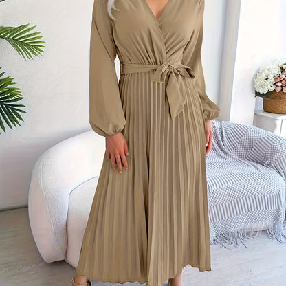 Style Autumn Winter Western Ins Hot Item Temperament V-Neck Flared Pleated Maxi Dress