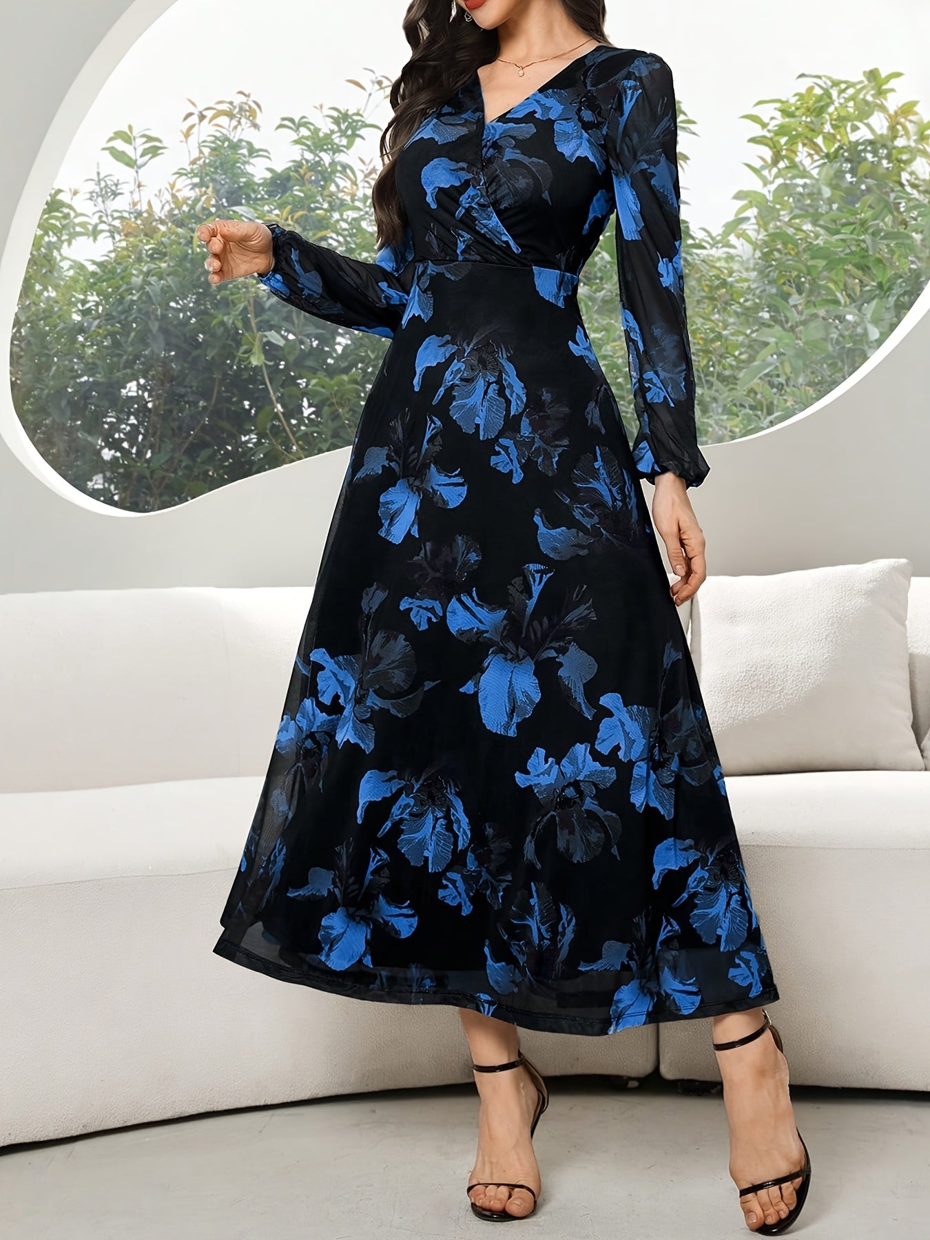 Women's Lace Dress WJ435, Elegant Floral Cinched Waist Long Dress, Deep V-Neck, Business Party, Spring/Autumn, Yellow Black Print Lace