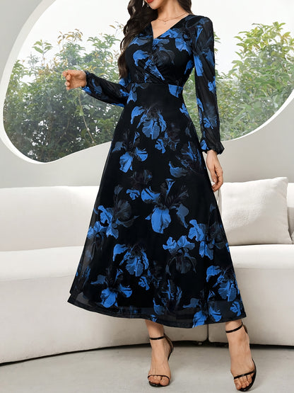 Women's Lace Dress WJ435, Elegant Floral Cinched Waist Long Dress, Deep V-Neck, Business Party, Spring/Autumn, Yellow Black Print Lace