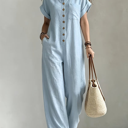 Women's Summer Short Sleeve Jumpsuit/Collared Single-Row Button Loose Straight Style/Casual Cargo Overalls/Loose Straight Drape Long Pants/Daily Commute Casual All-Match Fashion Comfortable