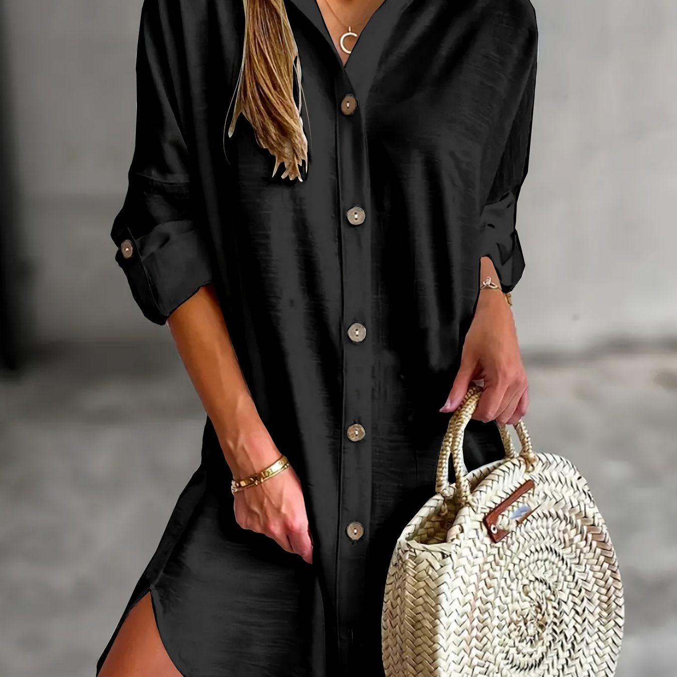 Chic Women's Long Sleeve Button-Up Shirt Dress - Casual Solid Color with Collar, Breathable Polyester, Perfect for Spring & Fall, Machine Washable