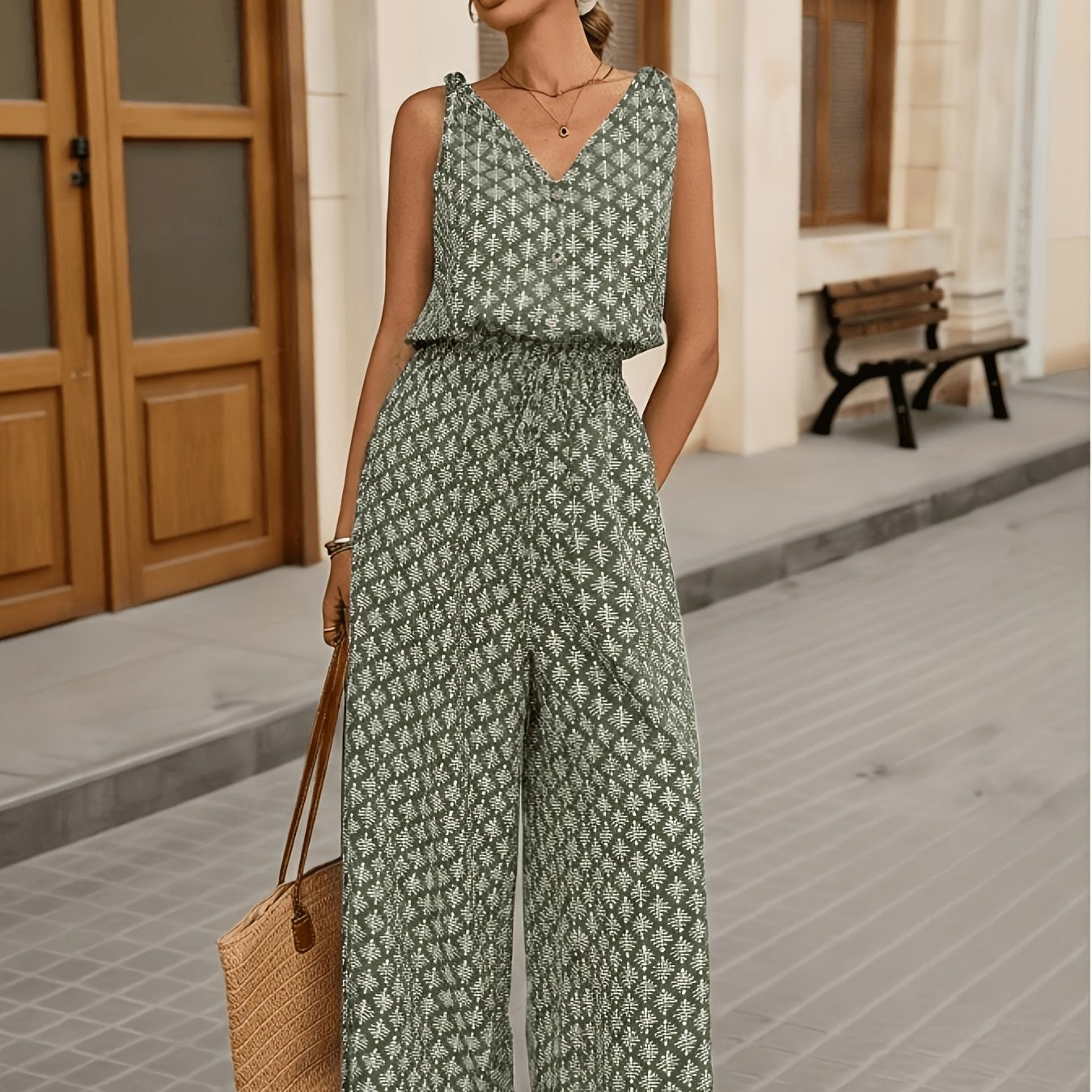 Women's Casual Jumpsuit/Summer Wide-Leg/Printed Sleeveless V-Neck Long with Pockets and Buttons/Green, Apricot