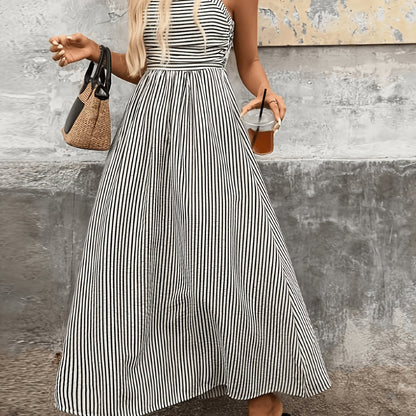 Women's New Striped Back Hole/Long Camisole Dress/Fashionable Elegant Commute Vacation/Casual Party/Street Trendy/Daily A-Line Skirt/Suitable for Spring Summer