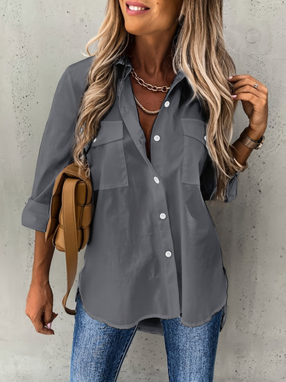 Button Front Long Sleeve Shirt, Casual Solid Office Shirt With Collar, Women's Clothing