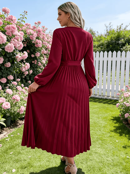 Directed Hot Style Real Shot 2024 European And American Spring And Autumn Temperament Cross V-Neck Large Swing Pleated Long Dress