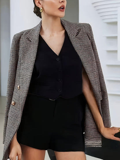 This Elegant And Stylish Double-Breasted Houndstooth Blazer Is Perfect for Commuting, Vintage Office Settings, And Everyday Wear, And It Is Machine Washable