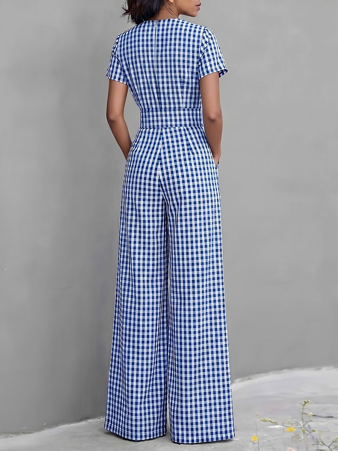 2026 Spring Summer Plaid V-Neck Short Sleeve Jumpsuit Women's, High-Waist Wide-Leg Straight Long Pants, Commute Casual Two-Wear, Waist-Cinching Design Flowing Wide-Leg Trousers