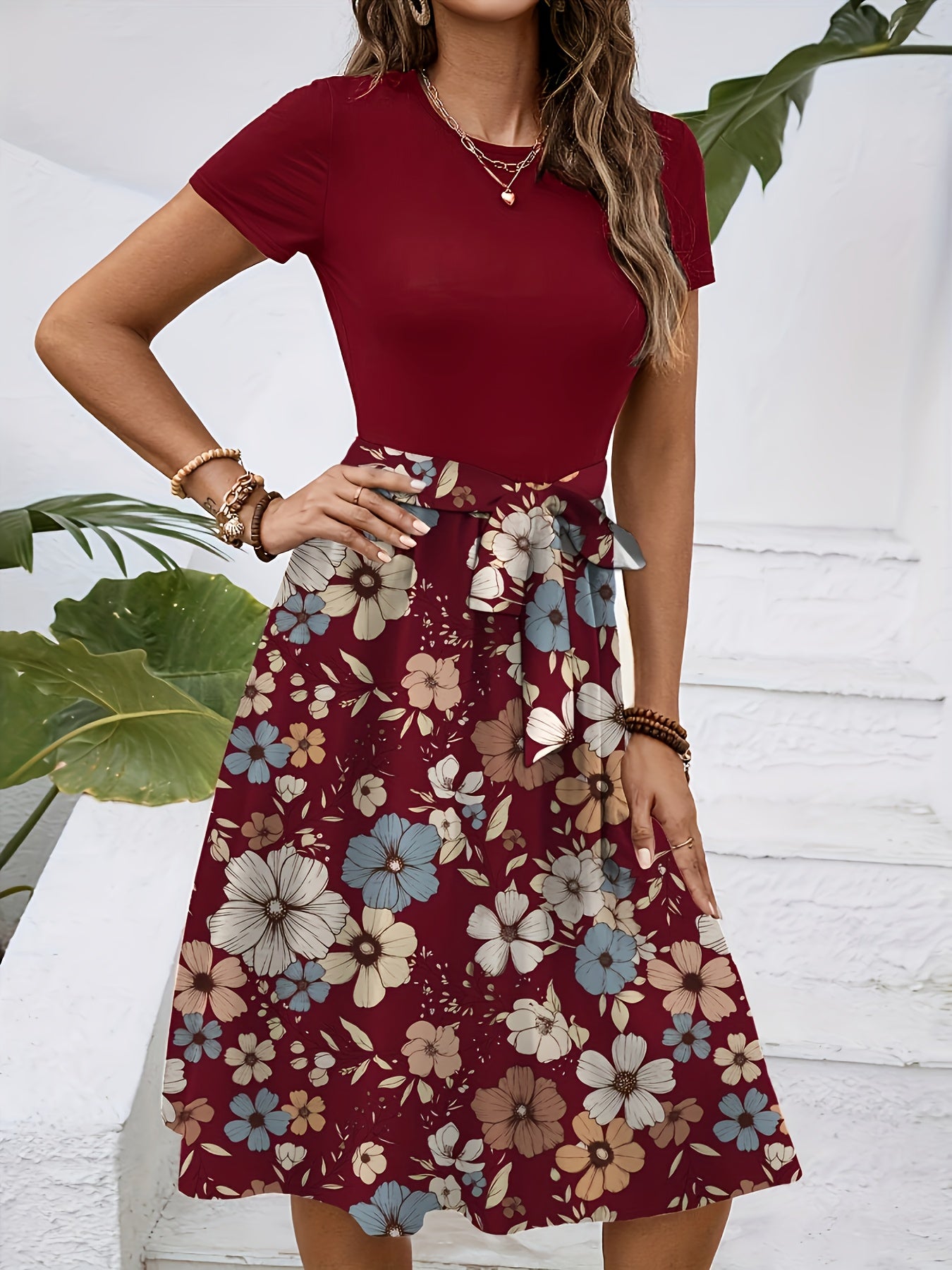 Elegant Key Monitoring Support European And American Round Neck Short-Sleeved with Belt Dress Number