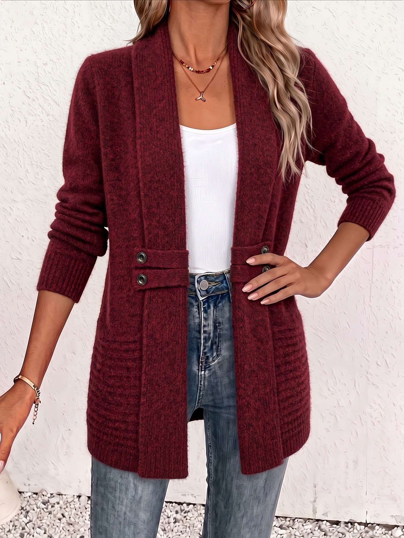 Women's Cardigan, Double-Breasted Decorative Belt Shawl and Cinched-Waist Design, Versatile Mid-Length Open-Front Sweater, Relaxed Style Elegant and Fashionable Loose Outerwear, Perfect for Daily Commutes or Casual, Spring/Autumn