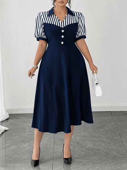 Plus Size Navy Striped Shirt Dress Retro Puff Sleeve V-Neck Midi Dress Women'S Elegant Commute A-Line Skirt