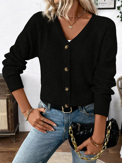 Elegant Sweater Top, V-Neck Cardigan, Chest Button Design, Short Length, Clothing