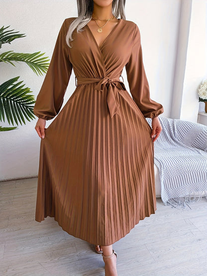 Style Autumn Winter Western Ins Hot Item Temperament V-Neck Flared Pleated Maxi Dress