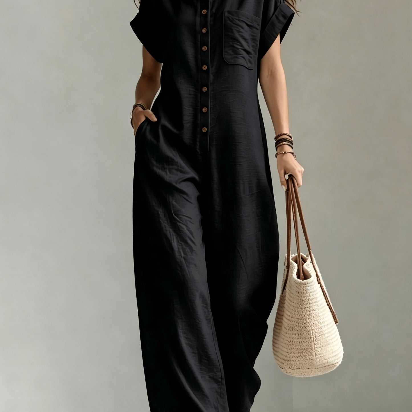 Women's Summer Short Sleeve Jumpsuit/Collared Single-Row Button Loose Straight Style/Casual Cargo Overalls/Loose Straight Drape Long Pants/Daily Commute Casual All-Match Fashion Comfortable